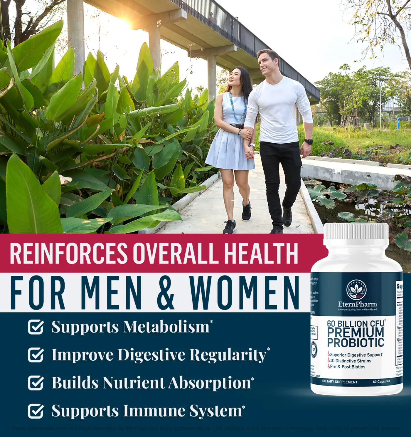 Couple walking outdoors next to EternPharm Premium Probiotic bottle